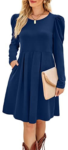 Aokosor Ladies Dress Pleated Tunic Dress Womens Gigot Long Sleeve Dress with Pockets Blue Size 22-24