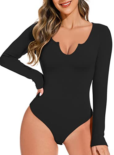 REORIA Women's Sexy Casual Cut Out V Neck Long Sleeve Ribbed Fitted T Shirts Leotards Slimming Thong Cleavage Bodysuits Tops Black Medium