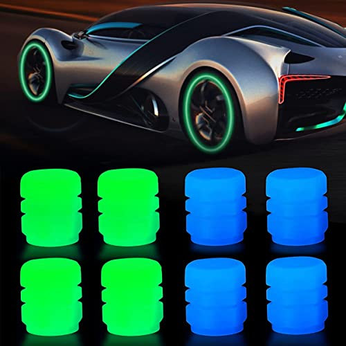 Universal Autoreifen Ventilkappen, Fluoreszierende Autoreifen, Leuchtende Ventilkappen Auto, Universal Reifen Ventilschaftabdeckung für Fahrrad Motorrad Auto (4 grün+4 blau)