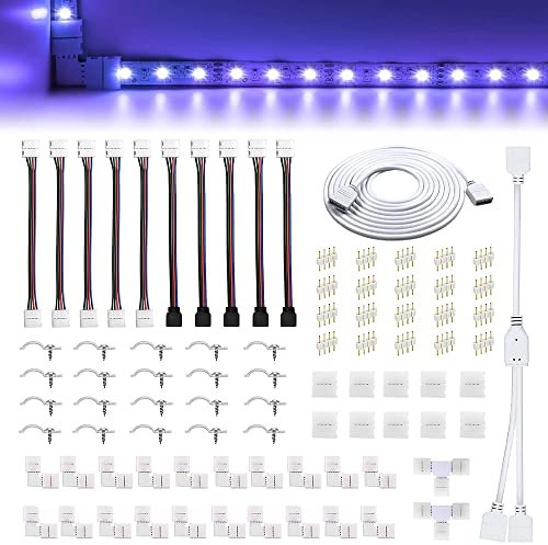 SIYINGSAERY LED Light Connector Kit, 5050 RGB 10mm 4 Pin Strip Light Solderless Connector Kit - 6.5FT Extension Cable, Jumpers, Gapless Adapter, L and T Shape Connectors