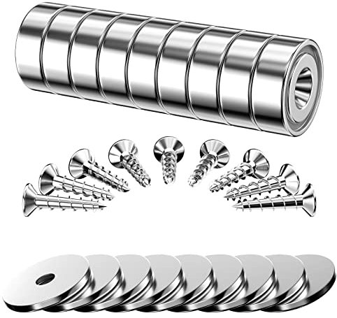 Gvolatee 9 Piezas Imanes Neodimio Potentes 12kg Fuerza 20 X 7 mm, Imán Potente Recipiente Avellanado con Orificio y Tornillos,Cojines de Acero, Cocina, Experimentos Científicos, Oficina