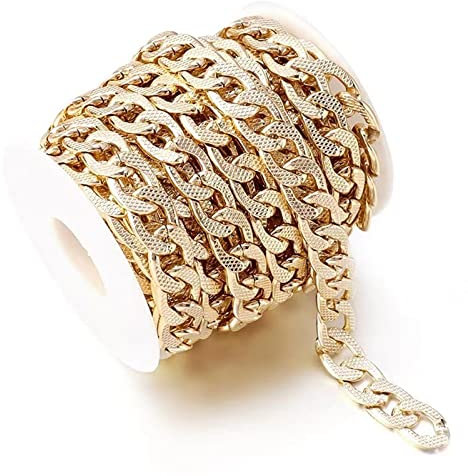 Catena a maglia barbazzale piatta in alluminio da 4,5 m x 38,4 cm, catena a maglie cubane intrecciate Miami, placcata oro, con bobina, per la creazione di collane e gioielli