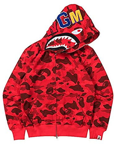 LIAOPUFUS Uomo 3D Stampato Shark Felpa con Cappuccio Hip Hop a Maniche Lunghe Zipper con Cerniera Mimetica Moda Street Wear(L,1-Rosso Destra)