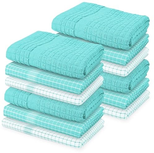 Weave Essentials 12pc Kitchen Towel - 4 Hand Towel 50x50cm & 8 Tea Towel 50x70cm, 100% Ring Spun Cotton Dish Cloth with Hanging Loop (Aqua Blue)