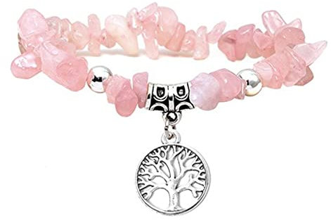 Manfnee Bracelet à Breloque d'arbre de vie Rose Quartz Pierre Naturelle Irrégulière Femme Elastique