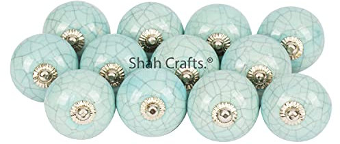 Shah Crafts.Ceramic Door Knobs, Set of 20 Green Color Assorted Flower Designs Handmade Vintage for Interior Furniture, Cabinet Cupboard Wardrobe Drawers Pulls Handles
