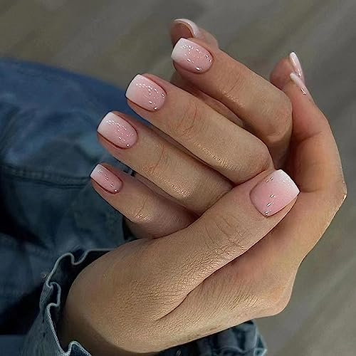 24 Pièces Faux Ongles Court Carrés Français Rose Nude Ongles à Coller Naturel Acrylique Bâton sur Les Ongles avec Autocollants Adhesif Ballerine Press on Nails pour Femmes et Filles