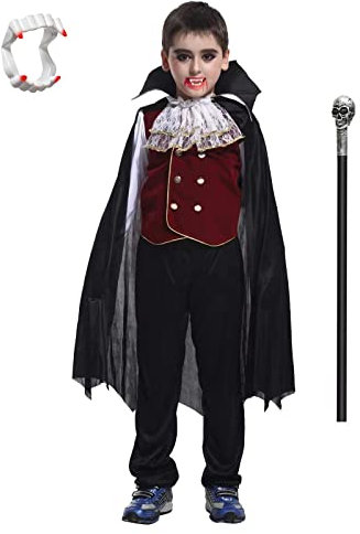 ZUCOS Costume da vampiro per Halloween, gotico, classico, per cosplay, con denti di vampiro e falce (nero, 10-12 anni)