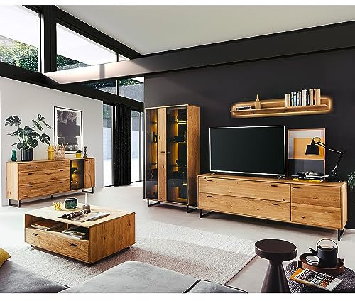 Lomadox Wohnwand Wohnzimmermöbel Set braun 5-teilig Wildeiche Teilmassiv | 1 Sideboard, 1 Vitrine, 1 TV-Lowboard, 1 Wandboard, 1 Couchtisch mit Beleuchtung