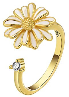 BISONBLUE Ringe Frauen Damen Ring Schmuck Herren Geschenk Offener, Verstellbarer Emaille-Gänseblümchen-Blumen-Spinner-Ring, Geschenke, Drehen, Angst, Figet-Spinner-Ringe Für Frauen, In Der Größe