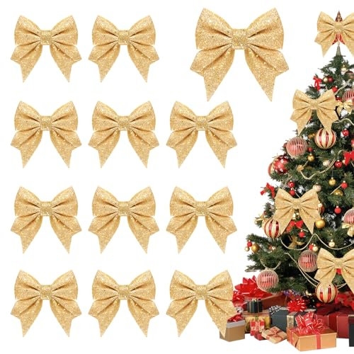 12 Stück 14CM Schleifen Weihnachten Champagner Gold Glitzer KAMEUN Weihnachtsbaum Schleifen Weihnachtsbaumschmuck für Familienfeiern Party Dekoration für Weihnachten Urlaub Hochzeit Feierlichkeiten