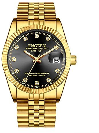 JewelryWe Uhren Herren Edelstahl Wasserdicht: Datum Kalender Analog Quarz Armbanduhr Männer Gold Edelstahl Armband Partner Freundschaft Uhr mit Leuchtzeiger und Schwarz rundem Zifferblatt