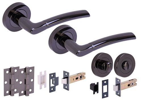 HANDLEZONE® Neemo Door Handles on Rose Bathroom Deadbolt Pack with Ball Bearing Hinges - Black Nickel