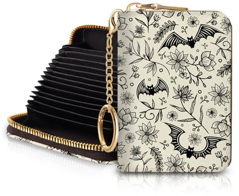 Blusabaca Porte-cartes RFID pour femme, petit portefeuille pour cartes de crédit avec porte-clés amovible et fermeture éclair, porte-cartes en cuir, portefeuille accordéon, Chauve-souris gothique,