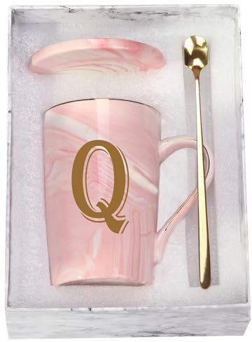 Personalisierte Tasse mit Buchstabe Q, Buchstabe Q, personalisierter Marmor-Kaffeetasse, Buchstaben-Kaffeetasse für Frauen, Brautparty, Initialen, Geschenk für Männer und Frauen, 400 ml, Rosa mit