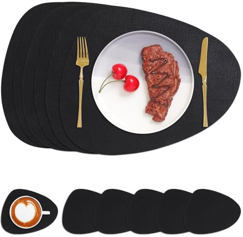 Chitomars Sets de Table et Dessous de Verre, Double Face Sets de Table Rond Lavable Plastique Antidérapant Set de Table en Simili Cuir Résistant à la Chaleur (Lot de 6, Noir)