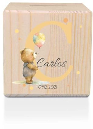 GRAVURZEILE Spardose aus Holz - Tiermotive mit Monogram - mit Namen und Datum personalisiert - Personalisierte Geschenke für Mädchen & Jungen zum Geburtstag Kommunion - Geschenk für Kinder - Bär