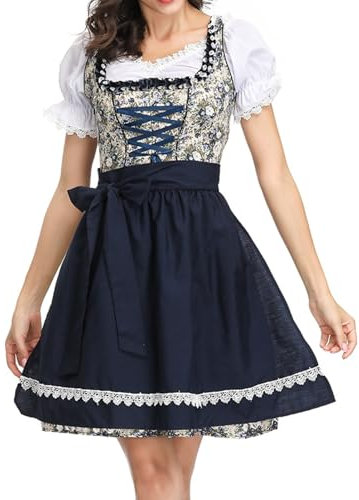 Zeagoo Dirndl Damen Midi Trachtenkleid Elegant Oktoberfest Kleider Trachtenmode Kleid 2Tlg. Deutschland Festlich Bierfest mit Schürze Blümchen Blau XXL