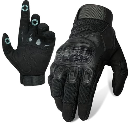 1TG Tactical Taktische Handschuhe, Touchscreen Motorradhandschuhe mit Kohlefaser Knöchelprotektor Vollfinger Militär Einsatzhandschuhe für Motorrad, Jagd und Security, Schwarz, L