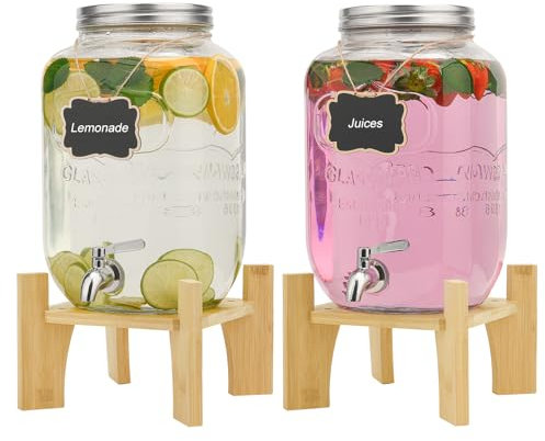 2pcs 8L Glass Drink Dispenser with Stainless Tap, Glass Beverage Dispenser for Parties, Beverage Dispenser with Faucet and Bamboo Stand, Water Jug with Tap Perfect for Parties,Weddings,Birthdays