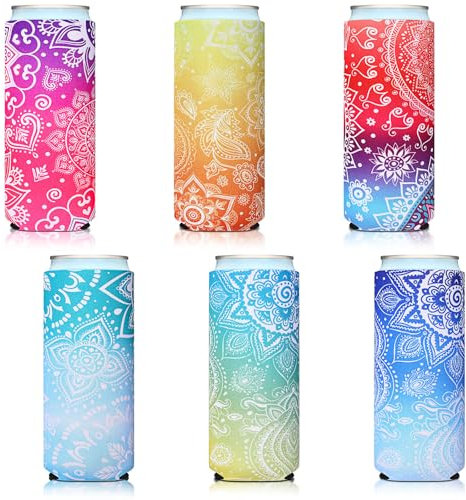 BBTO Slim Can Sleeves, Reusable Neoprene Bottle Insulator Sleeve, 12 oz Coolers for Beverage Can Energy Drink and Beer Cans, 6 Pieces (Datura Style)