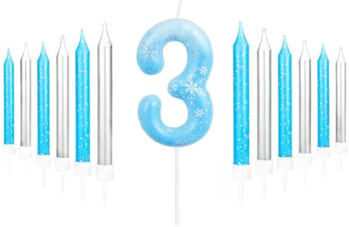 mciskin Blaue Schneeflocke Geburtstagskerze, glänzend blauer Farbverlauf, 3er Pack mit langem Stab, geruchlos und rauchfrei, für Jungen, Mädchen und Baby