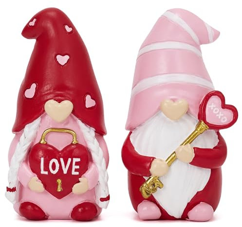 Valery Madelyn 2pcs Wichtel Figuren Herz deko,Muttertagsgeschenk,Rot/Rosa Romantisch Zwerge Set,8cm(M),Tischdeko,Jahrestagdeko Geschenk,Figur Geschenke für Frauen/Mama