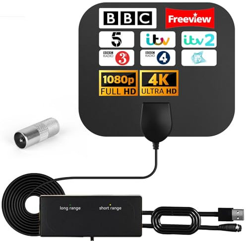 Upgraded Indoor TV Aerial - Digital TV Aerial for Smart TV, TV Antenna with Booster 450+ Miles Long Range Reception for Freeview TV Support 4K 1080P HDTV & 5M Cable