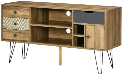 HOMCOM Meuble TV Banc TV jusqu'à 50 Pouces avec 4 tiroirs 4 Compartiments 2 Passe-câbles et 1 Placard Pieds épingles métal Noir - 120 x 39 x 64 cm