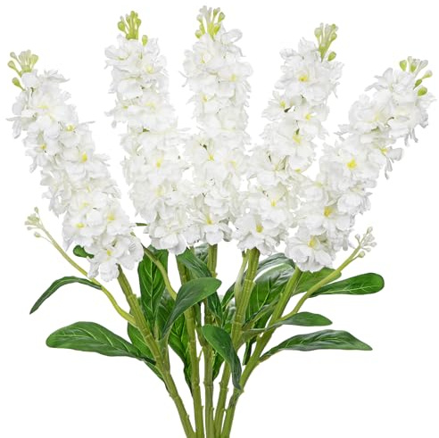 5pcs White Delphinium Artificial Flowers Silk UV Resistant Flower, 25.5 UV Fake Flowers for Indoors & Outdoors, UV Protected Faux Floral Arrangements for DIY Bouquets Centerpieces Home Wedding Decor