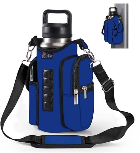 icolor Gym Magnetic Bag Water Bottle Carrier Holder with Strap & Phone Pockets, Diameter 3.9 Magnetic Gym Bag 5 Built-in Magnets Gym Accessories Organizer Pouch Sling Sleeve (Neoprene, Blue)