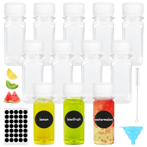 12 Piezas Botellitas Pequeñas para Rellenar, Reutilizables Mini Botellas Plastico de 60ml con Embudo, Cepillo y Etiquetas, Mini Botella de Bebida Vacía Botellas para Zumo, Leche y Agua