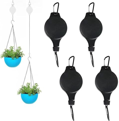 4PCS Plant Pulley Retractable Pulley Plant Hanger Hanging Flower Basket Hook Adjustable Retractable Plant Pulley Hangers - Versatile Height Hooks for Hanging Baskets, Flower Pots, and Bird Feeders