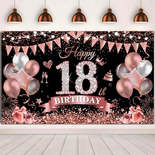 Yontree Happy 18th Birthday Banner and Backdrop - 180 * 110cm Black Rose Party Decorations for Girls Women, Anniversary Party Supplies