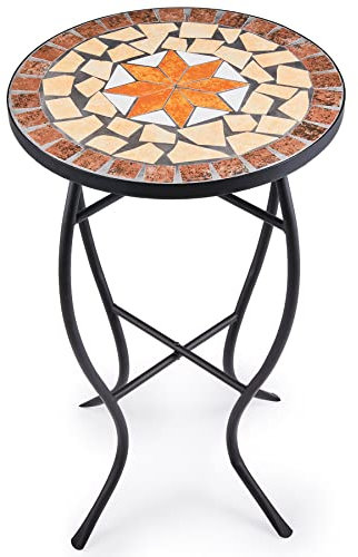 VONLUCE Mosaic Side Table and Plant Stand, 53.5cm Height with 36cm Ceramic Tile Top, Indoor and Outdoor Accent Tables, Outdoor Patio Bistro Coffee Table for Home & Garden (Maple)