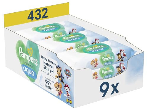 Pampers Harmonie Aqua Lingettes Pour Bébé 9 Paquets De 48 Lingettes = 432 Lingettes, Aident à restaurer le pH naturel de la peau, lotion douce avec 99% d’eau