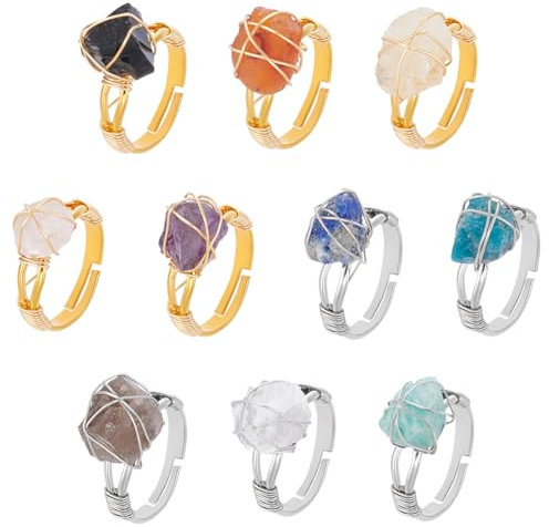 UNICRAFTALE 10 Stück Chakra Kristallringe Verstellbare Edelsteinringe Mit Kupferdraht Umwickelter Ring Unregelmäßig Verstellbarer Ring Für Die Schmuckherstellung von Frauen (Platin Und Gold)
