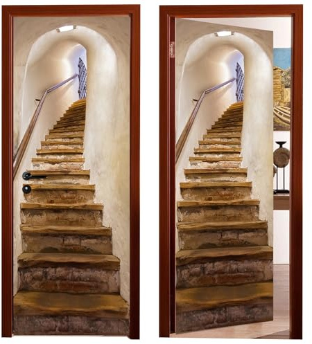Tokenhigh 3D Door Stickers, Peel and Stick Murals, Self-Adhesive Door Wallpaper, Inner Room Door Poster, Waterproof PVC Door Decal for Bedroom Bathroom (Retro Stairs)