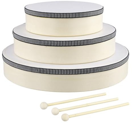 3 Handtrommel Set mit Holzschlägeln (15/20/25cm), Holztrommelhöhe 4,5cm | Tamburin Rahmentrommel,Percussion-Instrument für Partys, Auftritte und Rhythmusübungen