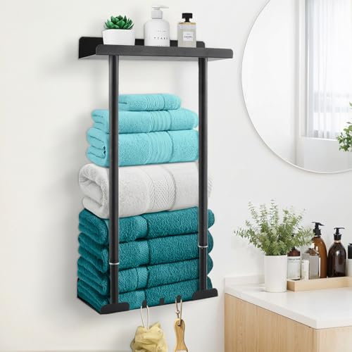 Focenat Toallero de Baño, Toalleros Retráctil 41-75CM, Toallero Barra con Ganchos y Estante, Adhesivo Toallero de Pared Sin Taladrar para Baño, Almacenamiento para Toallas Baño Soporte (Negro)