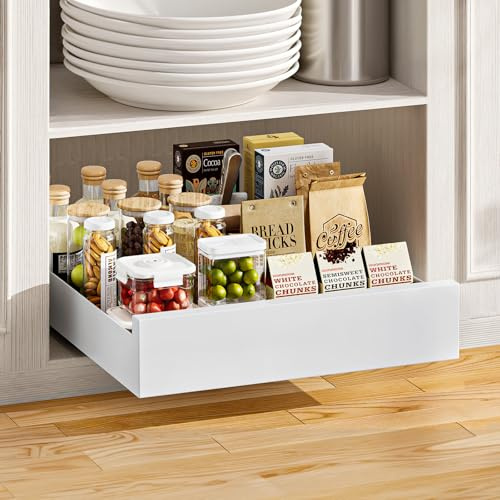 Warmiehomy Pull Out Cabinet Organiser 35cm Width Slide Out Drawer Storage Extendable Sliding Shelves for Kitchen Cupboard, Pantry, Bathroom, White Sliding Drawer No Need Drill, 35x43x8cm