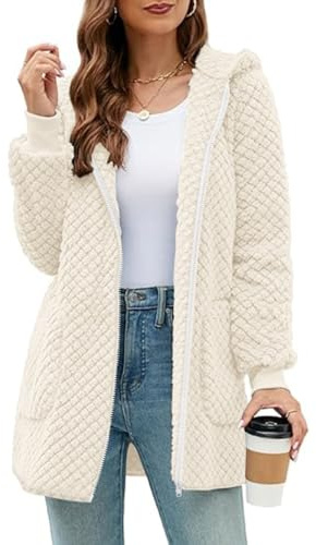 ABINGOO Damen Winterjacke Fleecejacke Lang Kapuzenjacke Teddyjacke Flauschig Plüschjacke Warm Reißverschluss Hoodie Kuscheljacke Wintermantel Mit Taschen(Weiß,M)