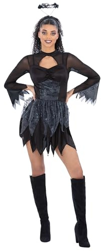 Smiffys Fallen Angel Costume for Women, Black Gothic Halloween Fancy Dress Outfit with Dark Angel Dress, Halo Headband, Jagged Skirt and Mesh Sleeves for Parties and Cosplay Medium