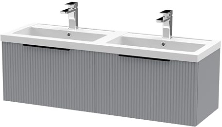 Balterley Vanity Unit with Basin Wall Hung, 2 Drawer Soft Close with 2 Rectangular Sink and Handles, Bathroom Vanity Units with Basin, Fluted Front Sink Cabinet - 1205 x 383 x 399mm (Grey)
