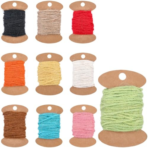 CABODYALS 10 pièce de 100 m de Ficelle de Jute Colorée Mélange de Ficelle Décorative Longue en Chanvre Multicolore Ficelle Fine et Résistante pour Accessoires de Vêtements et Décoration de Cadeaux.