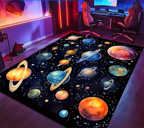 Kuluoits Bunter Planeten Teppich, 120x180cm, Galaxie Weltraum Motiv, Sternenhimmel Planeten Print, Weich, rutschfest und Waschbar, Ideal für Kinder-, Jugend und Jungenzimmer Sowie Schlafzimmer
