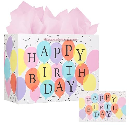 Colorful Birthday Gift Bag,Medium Gift Bags for Presents with 3 Tissue Papers and 1 Greeting Card for Girls and Women's Birthday Supplies Balloons Design with Handles - 30x12x22cm (1)
