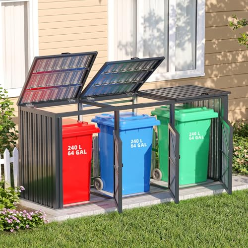 YODOLLA Mülltonnenbox 3er, Mülltonnenverkleidung 3 Tonnen bis 240L, Abschließbar Gartenschrank Wetterfest Geräteschuppen für den Außenbereich, 236x79x124cm, Dunkelgrau