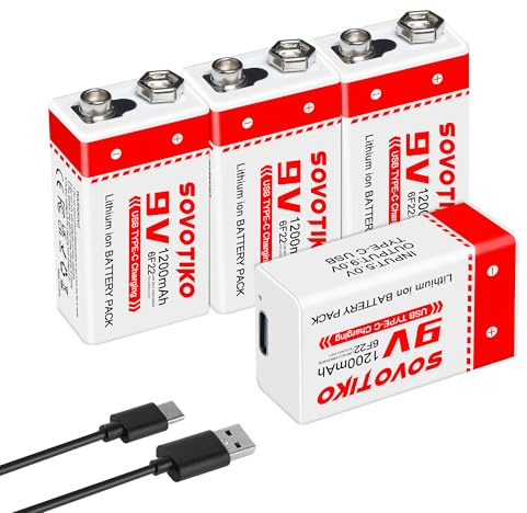 SOVOTIKO 4-Pack 9V Rechargeable Batteries, 1200mAh Lithium-ion Batteries with Type-C Charging Cable, for Smoke Detectors, Guitar, Keyboard, Multimeter