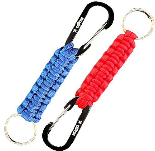 KADACTIVE Paracord Keyrings With Carabiner Keyring Clip - 2 Pack keyrings for backpack, Survival, Camping - Paracord Key Chain key holder - Key Lanyard for men - car keyring - Blue-Red
